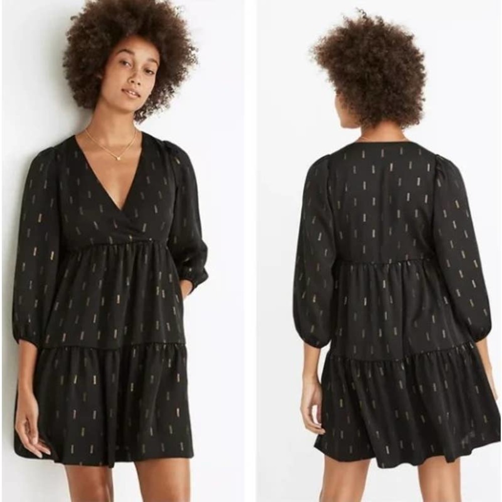 Madewell Black & Gold Metallic Jacquard Faux Wrap Tiered Mini Dress XL NWT